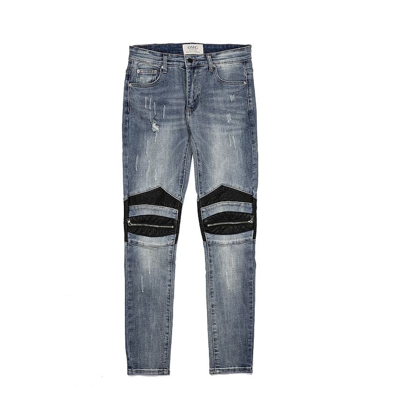 High Street Style Læder Patch Lynlås Motorcykel Små Fødder Slim Stretch Jeans