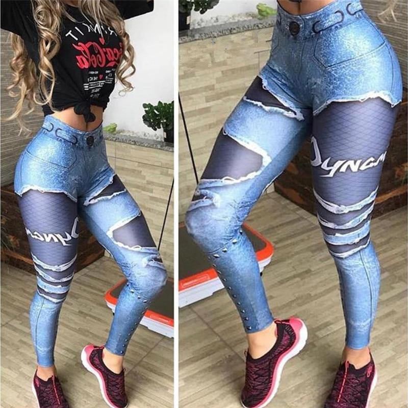 Kvinder 3d-printet Fake Denim Blue Mesh Leggings Elastiske Workout Legging Bukser Mode 2023 Kvinde Leggings Plus Size Femme