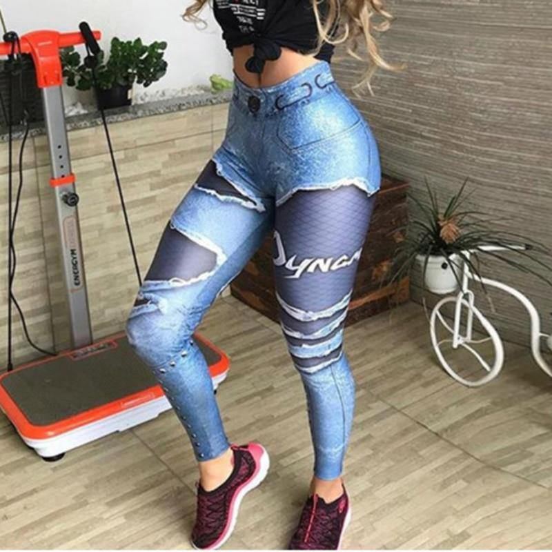 Kvinder 3d-printet Fake Denim Blue Mesh Leggings Elastiske Workout Legging Bukser Mode 2023 Kvinde Leggings Plus Size Femme