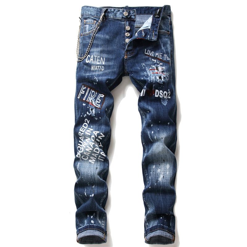 Mænd Jeans Berømte D2 Mænd Slim Jeans Bukser Herre Denim Bukser Lynlås Blue Hole Pencil Bukser