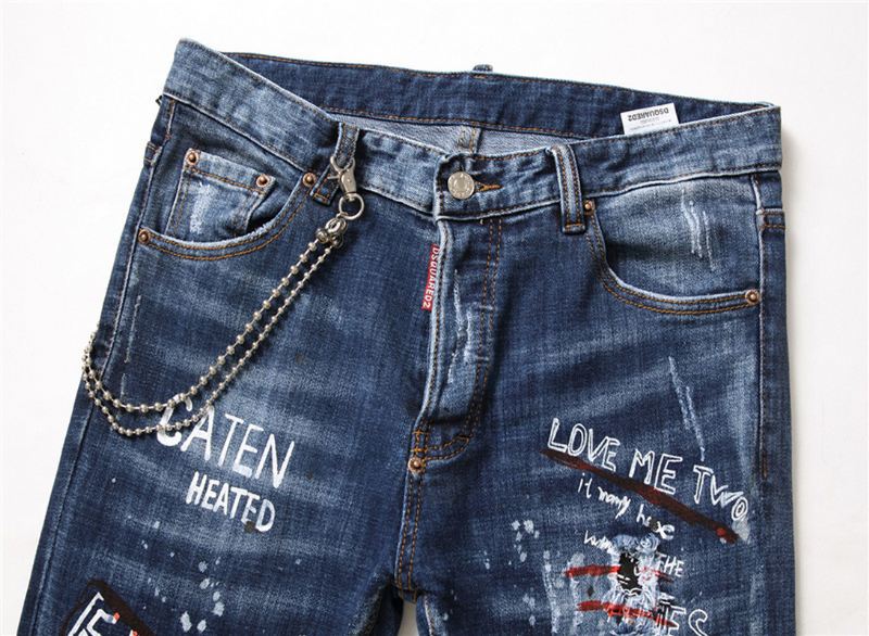 Mænd Jeans Berømte D2 Mænd Slim Jeans Bukser Herre Denim Bukser Lynlås Blue Hole Pencil Bukser