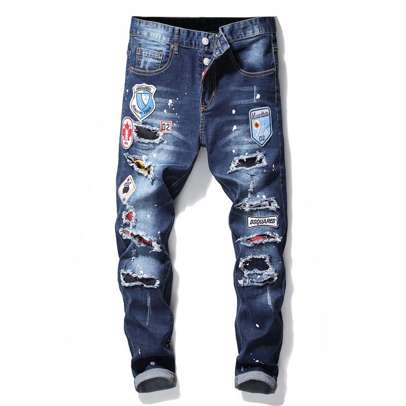 Mænd Jeans Berømte D2 Mænd Slim Jeans Bukser Herre Denim Bukser Lynlås Blue Hole Pencil Bukser