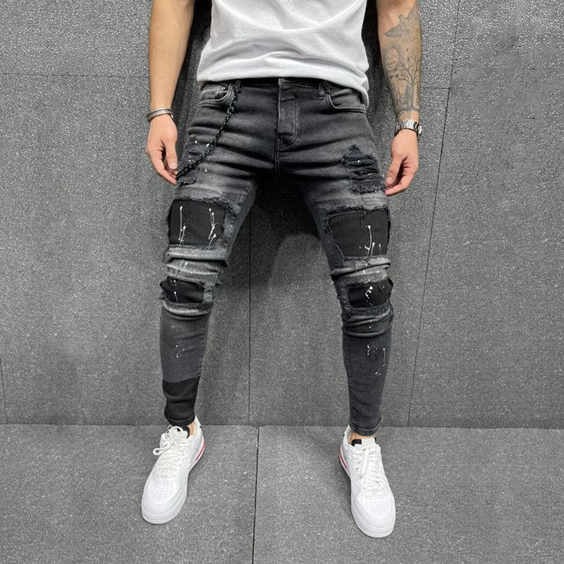 Mænds Nye Patch-rippede Elastiske Skinny-jeans