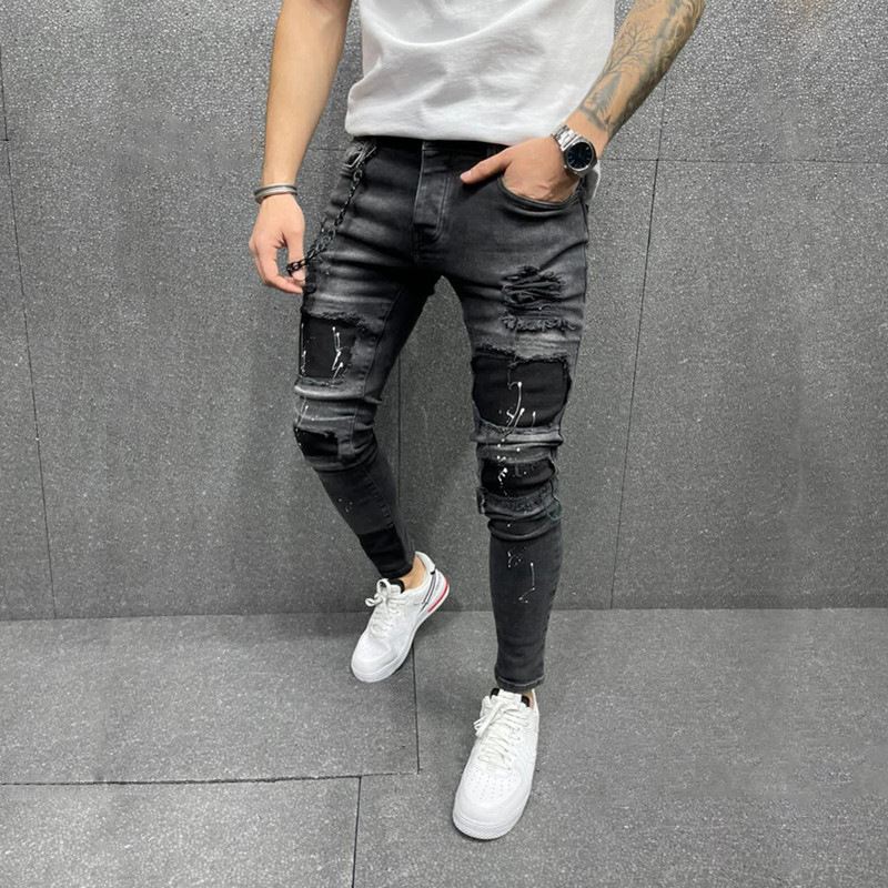 Mænds Nye Patch-rippede Elastiske Skinny-jeans