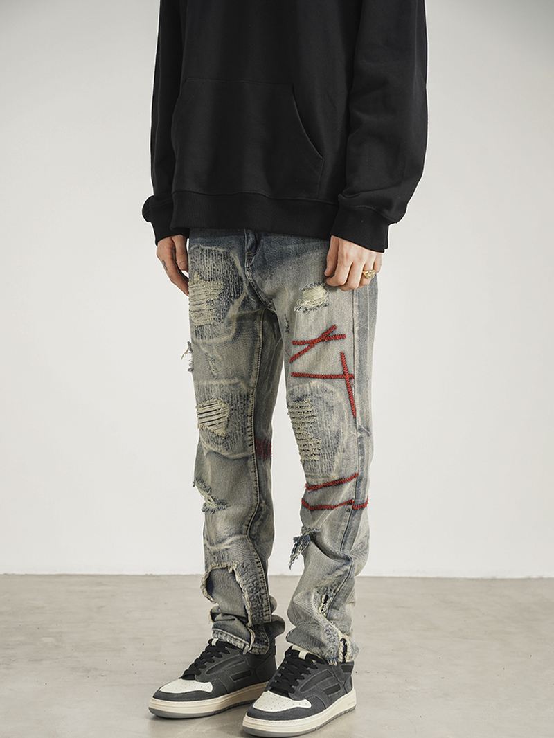 Patched Red Line Straight-leg Jeans