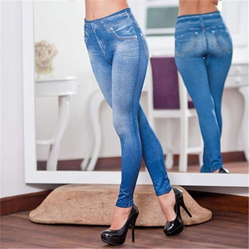 Perfect Fit Jeans Leggings Eksplosionsmodeller Imiteret Denim Dameleggings 9 Point Bukser Pull Hair Med Tryk Imiteret Denim