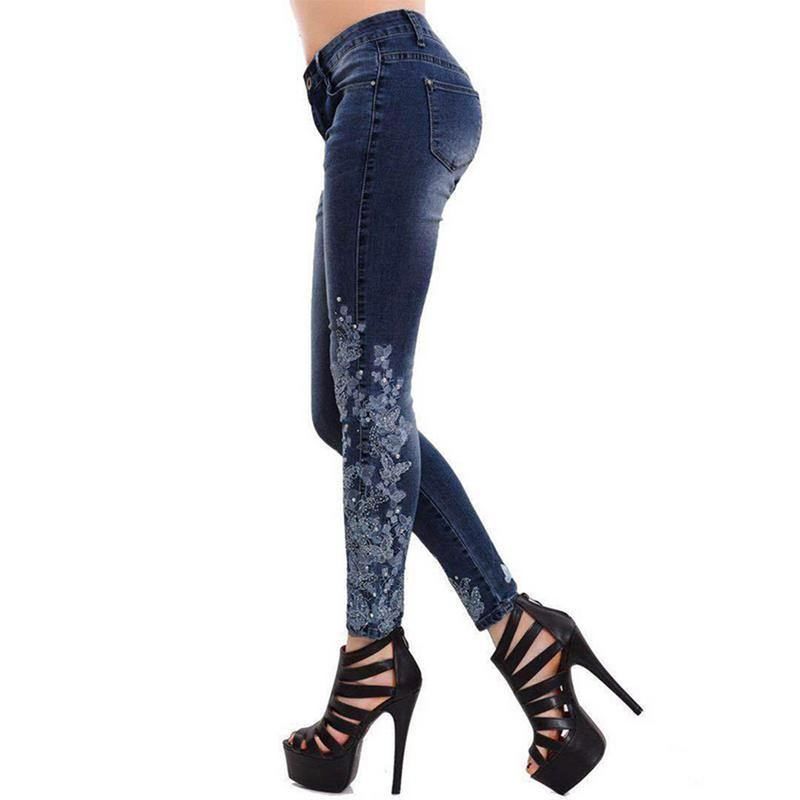 Plus Size 5xl Kvinder Stretch Højtalje Skinny Broderi Jeans Ripped Kvinde Blomster Denim Bukser Bukser Dame Jeans Pencil Bukser