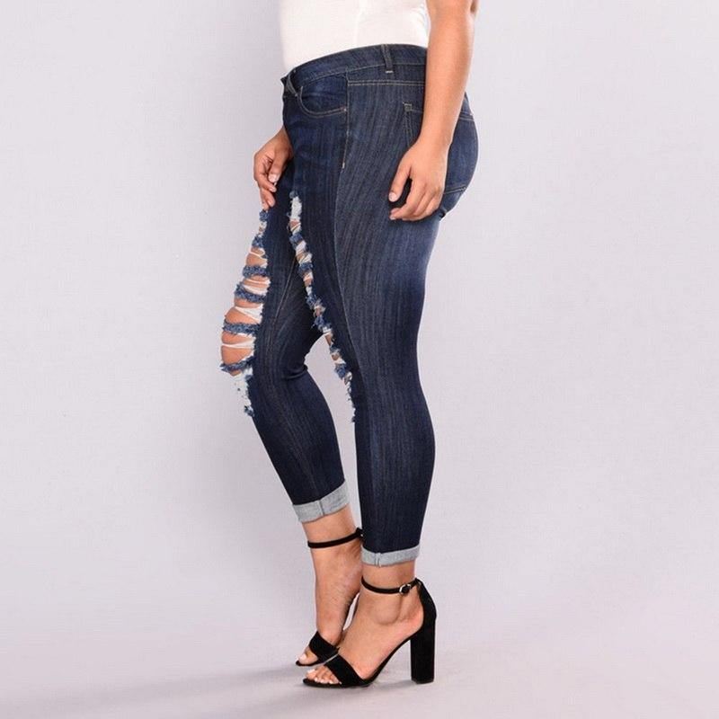 Plus Size Jeans Med Høje Elastiske Huller Dame True Denim Skinny Distressed Jean Til Kvinder Jeans Pencil Bukser