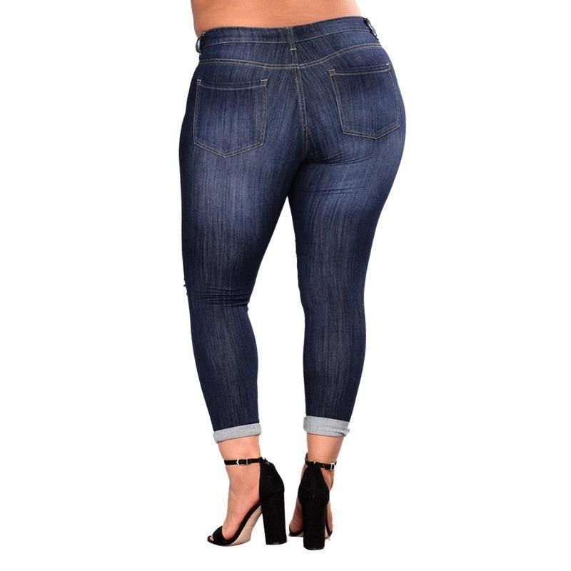 Plus Size Jeans Med Høje Elastiske Huller Dame True Denim Skinny Distressed Jean Til Kvinder Jeans Pencil Bukser