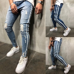 Rippede Side Stribede Jeans Mode Streetwear Herre Skinny Stretch Jeans Bukser Slanke Casual Denim Jeans Jeans Hombre