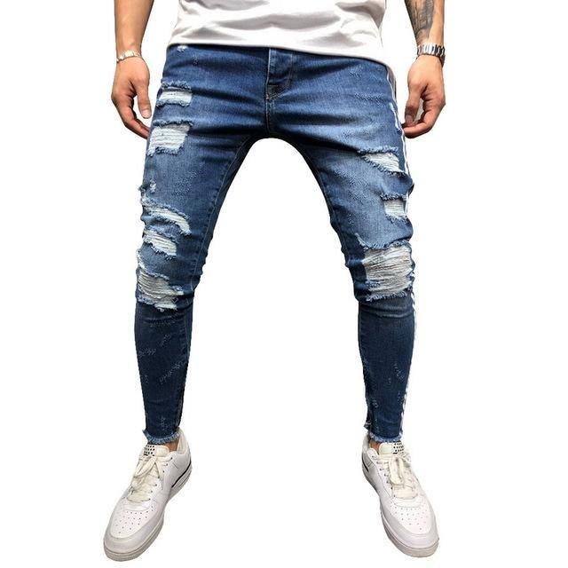 Rippede Side Stribede Jeans Mode Streetwear Herre Skinny Stretch Jeans Bukser Slanke Casual Denim Jeans Jeans Hombre