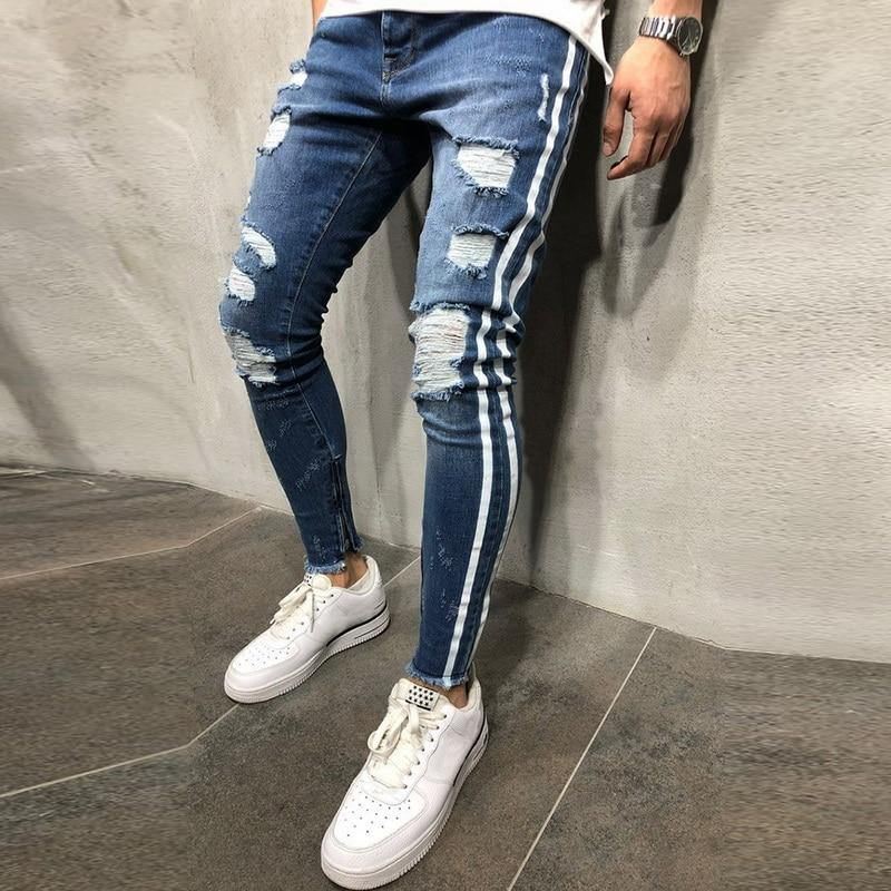 Rippede Side Stribede Jeans Mode Streetwear Herre Skinny Stretch Jeans Bukser Slanke Casual Denim Jeans Jeans Hombre