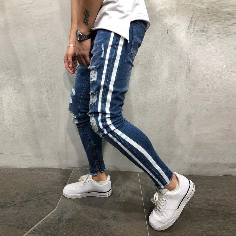 Rippede Side Stribede Jeans Mode Streetwear Herre Skinny Stretch Jeans Bukser Slanke Casual Denim Jeans Jeans Hombre