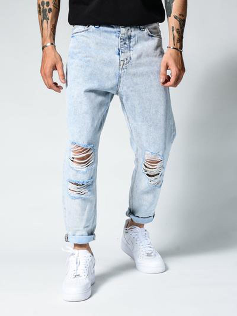 Rippede Slanke Jeans Til Mænd Pencil Jeans Skræddersyet Pasform Moderigtigt Til Gadekørsel Lokomotiv Festtøj Denim