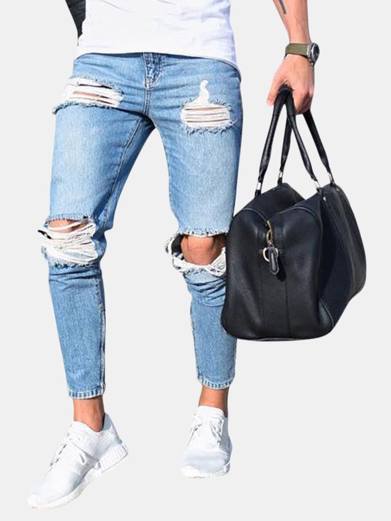 Rippede Stilfulde Skinny Blå Jeans Med Lav Talje