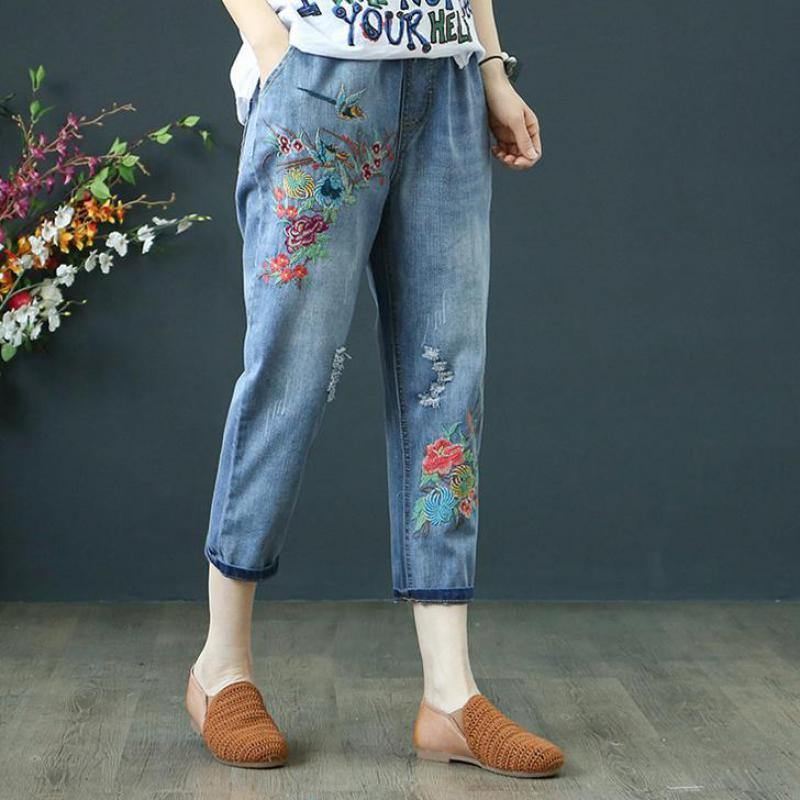 Sommer Damejeans Denim Retro Broderi Snørehuller Løs Komfort Casual Cowboy Kvinde Syv Plus Size Damebukser