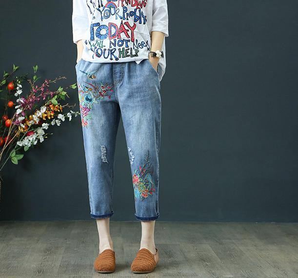 Sommer Damejeans Denim Retro Broderi Snørehuller Løs Komfort Casual Cowboy Kvinde Syv Plus Size Damebukser