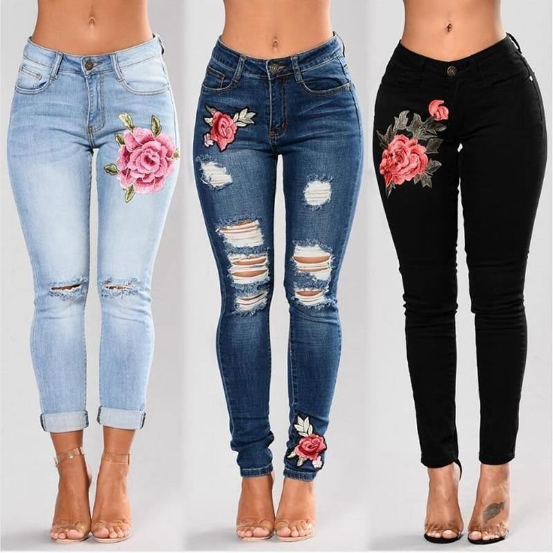 Stretchbroderede Jeans Til Kvinder Elastiske Blomsterjeans Kvinder Slanke Denimbukser Hul Rippet Rose Mønster Jeans Pantalon Femme