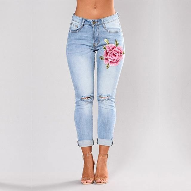 Stretchbroderede Jeans Til Kvinder Elastiske Blomsterjeans Kvinder Slanke Denimbukser Hul Rippet Rose Mønster Jeans Pantalon Femme