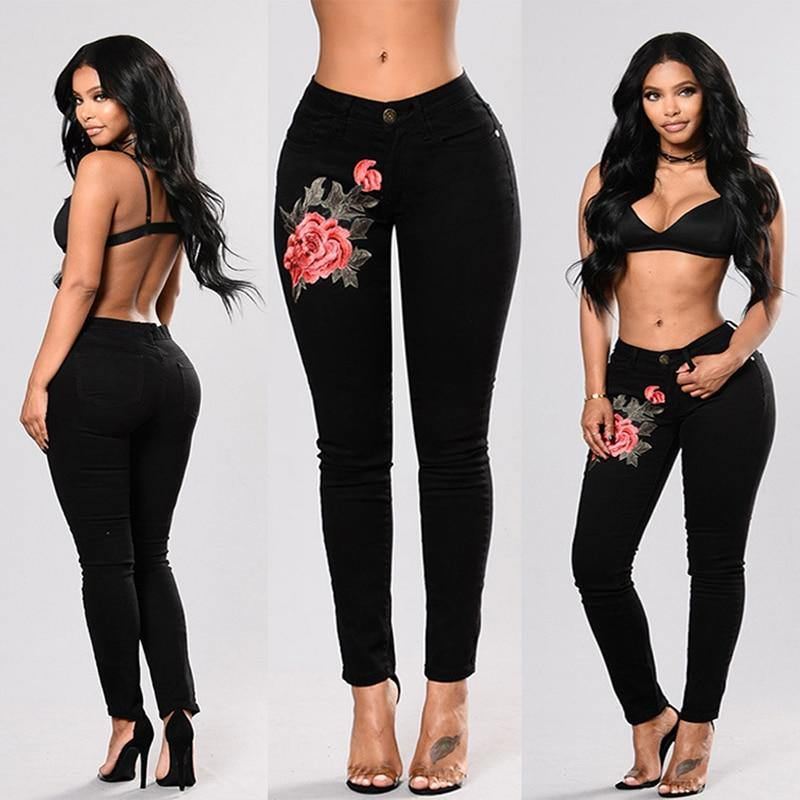 Stretchbroderede Jeans Til Kvinder Elastiske Blomsterjeans Kvinder Slanke Denimbukser Hul Rippet Rose Mønster Jeans Pantalon Femme