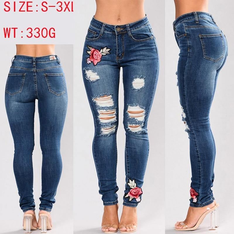 Stretchbroderede Jeans Til Kvinder Elastiske Blomsterjeans Kvinder Slanke Denimbukser Hul Rippet Rose Mønster Jeans Pantalon Femme