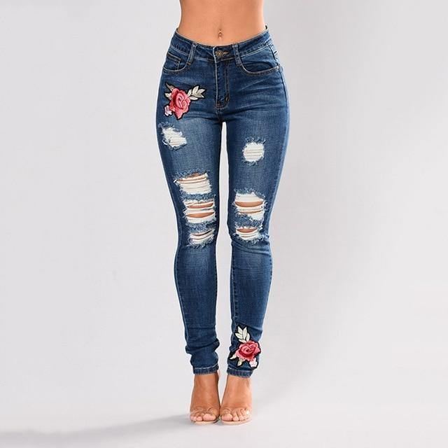 Stretchbroderede Jeans Til Kvinder Elastiske Blomsterjeans Kvinder Slanke Denimbukser Hul Rippet Rose Mønster Jeans Pantalon Femme