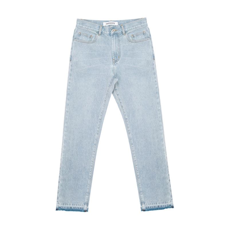 Vasket Blå Flossede Kanter Distressed Broderede Straight-leg Jeans