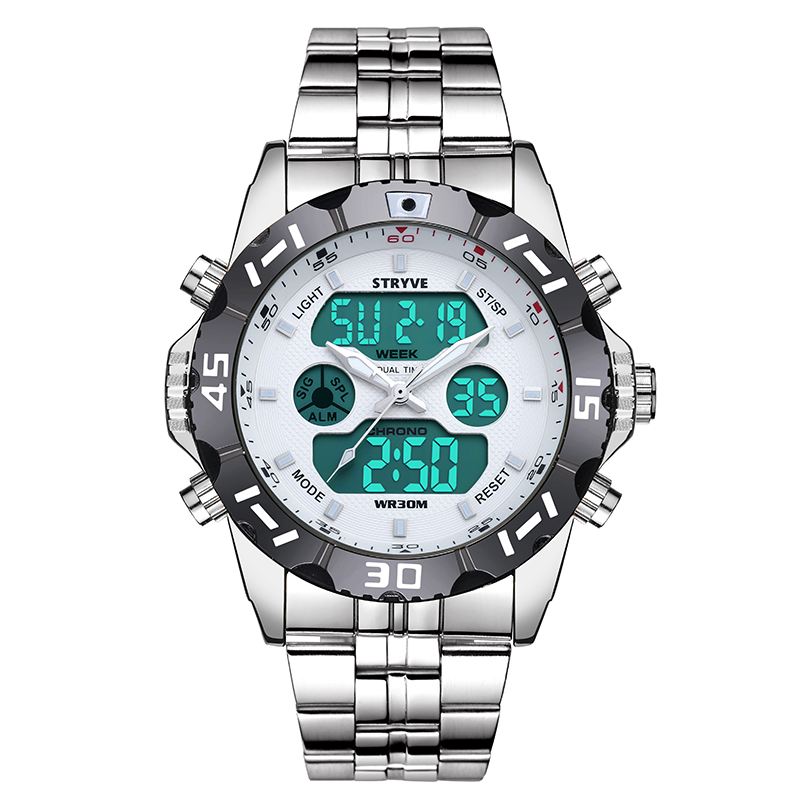 Chronograph Alarm Kalender Rustfrit Stål Sport Dual Display Digital Watch