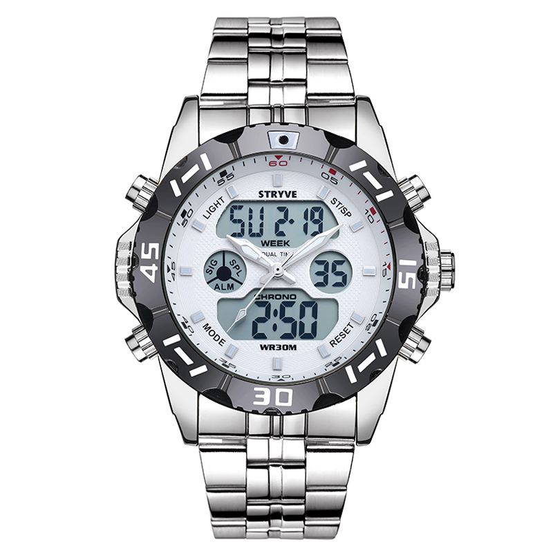 Chronograph Alarm Kalender Rustfrit Stål Sport Dual Display Digital Watch