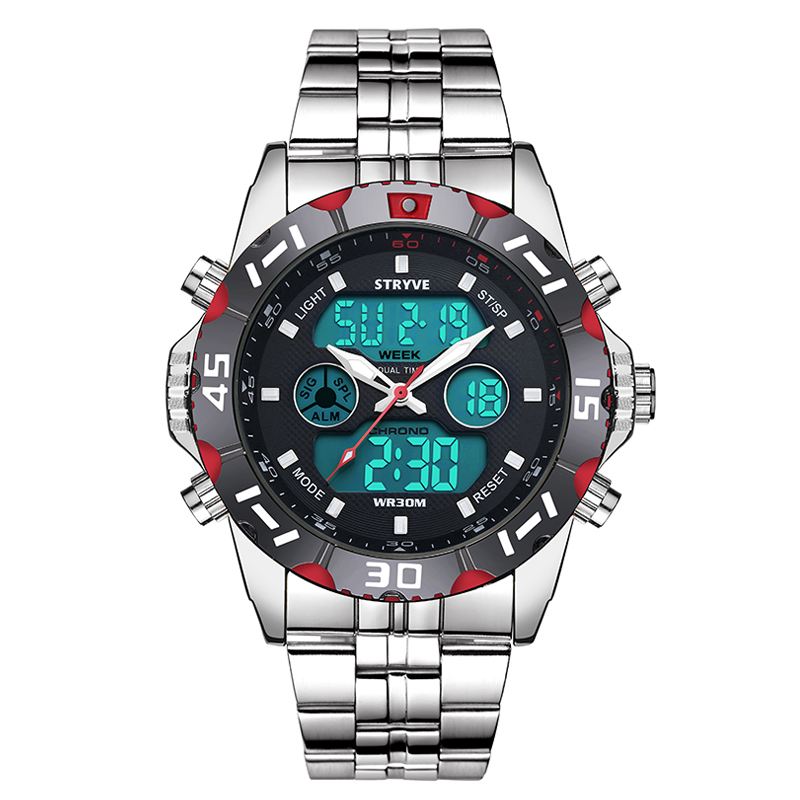 Chronograph Alarm Kalender Rustfrit Stål Sport Dual Display Digital Watch