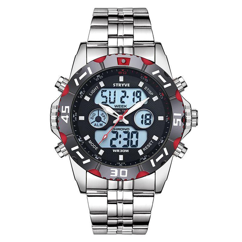 Chronograph Alarm Kalender Rustfrit Stål Sport Dual Display Digital Watch