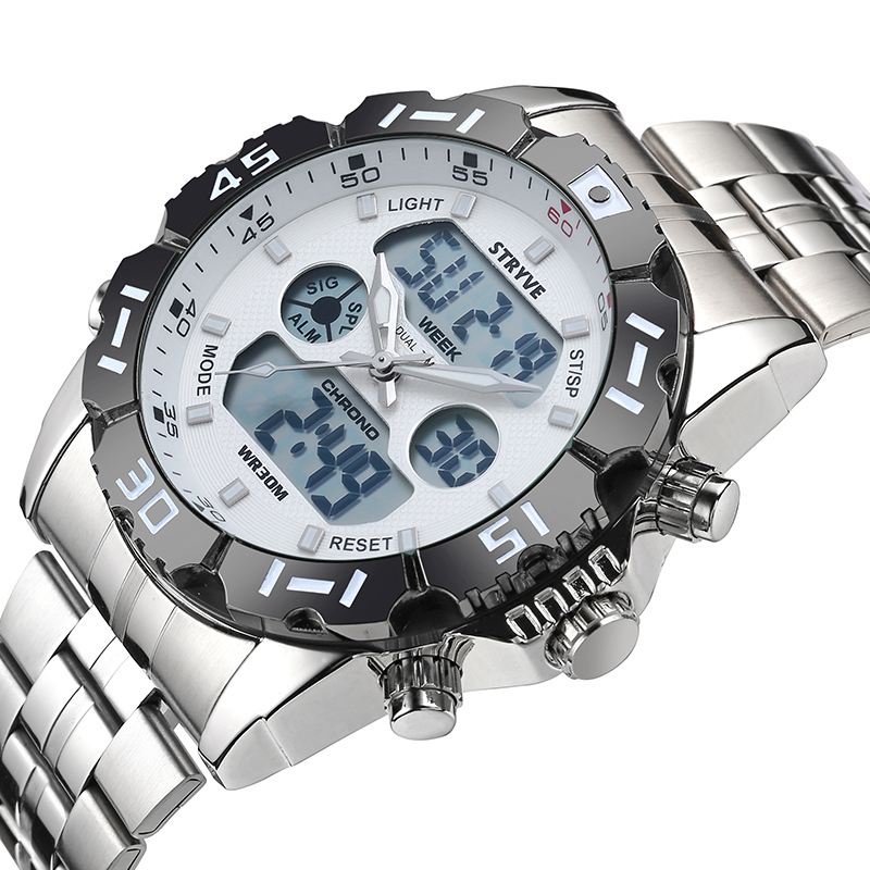 Chronograph Alarm Kalender Rustfrit Stål Sport Dual Display Digital Watch