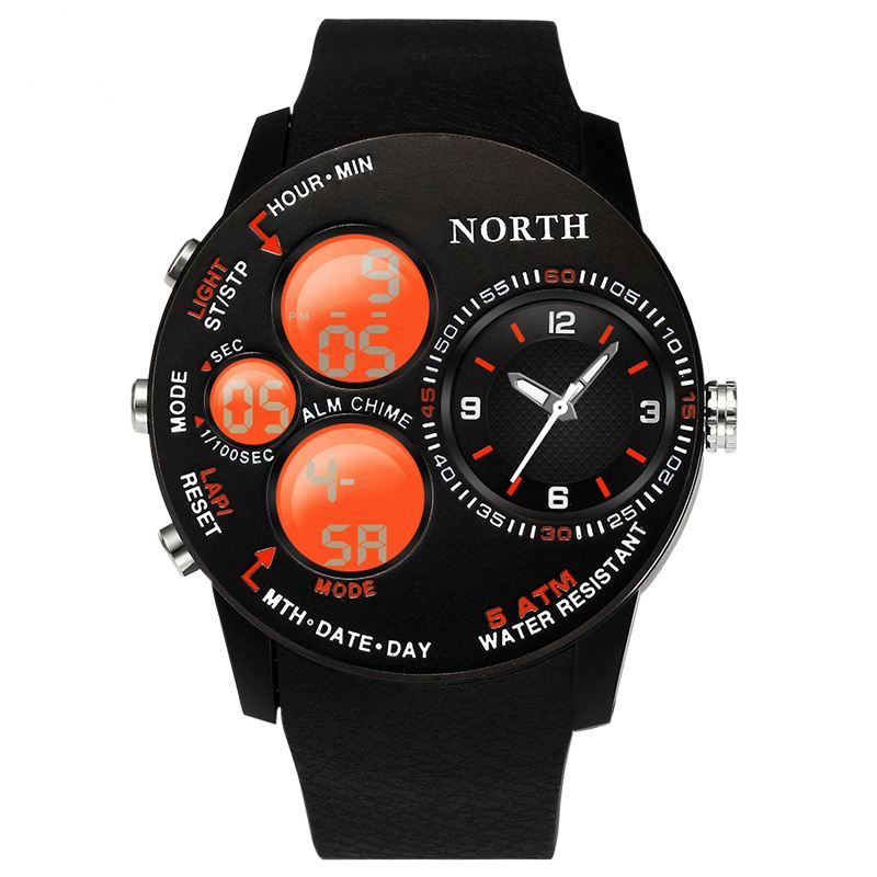 Mode Casual Mænd Digital Watch 5atm Vandtæt Lysende Uge Dato Display Stopur Dual Display Watch