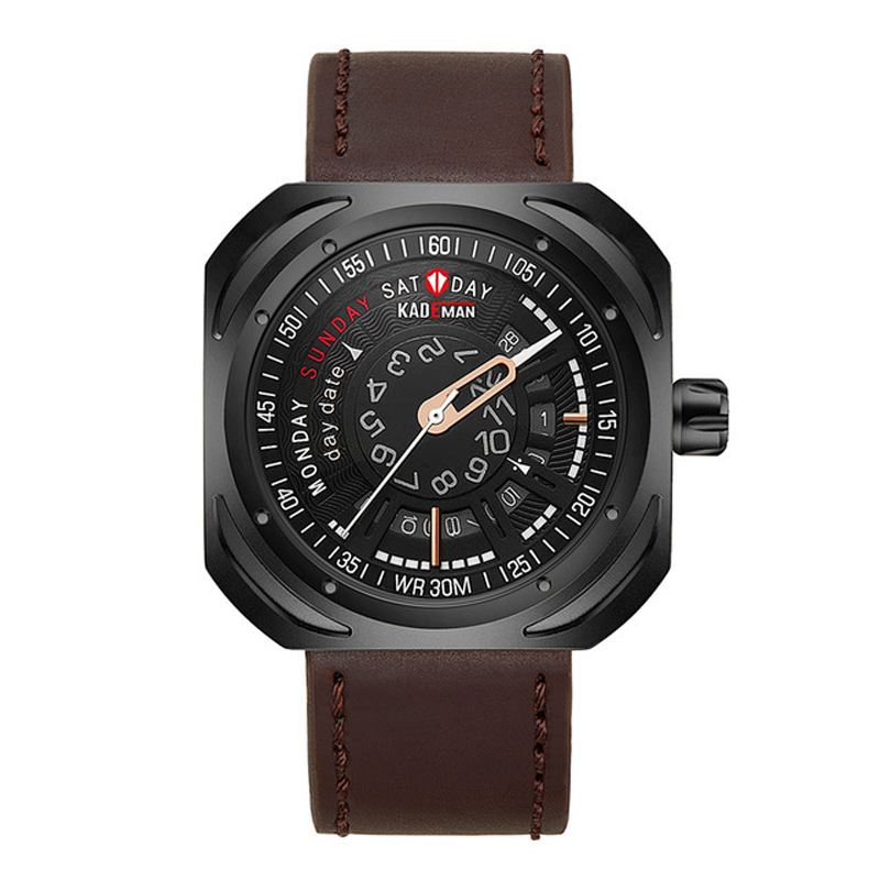 Mode Mænd Watch Creative Dial Vandtæt Dato Uge Display Læderrem Quartz Watch