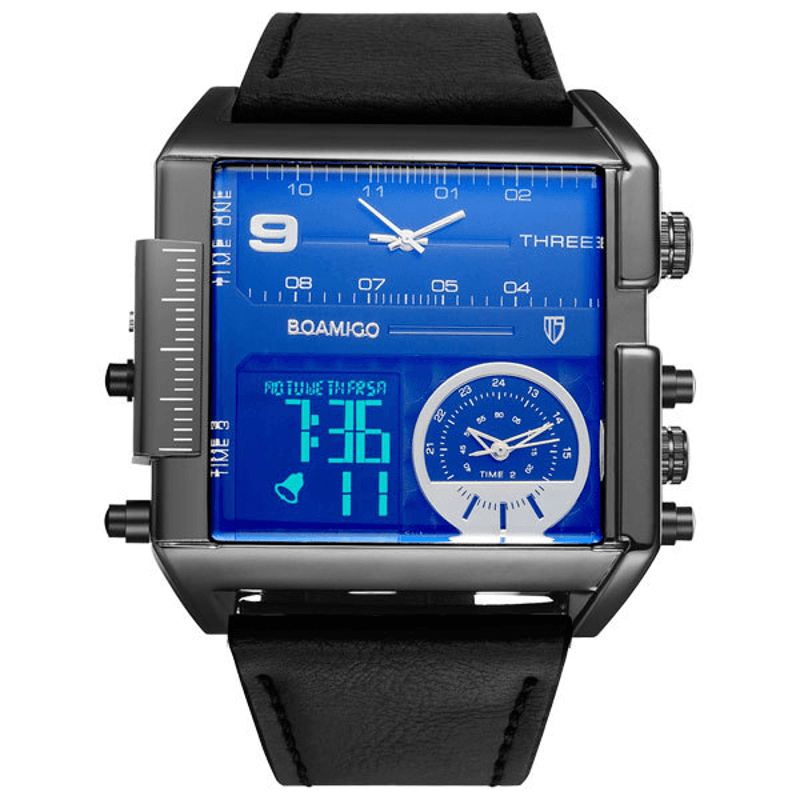 Mode Til Mænd Digital Watch Creative Dial Week Month Display Chronograph 3 Time Zone Læderrem Dual Display Ur