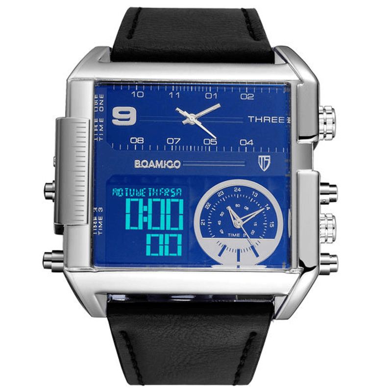 Mode Til Mænd Digital Watch Creative Dial Week Month Display Chronograph 3 Time Zone Læderrem Dual Display Ur