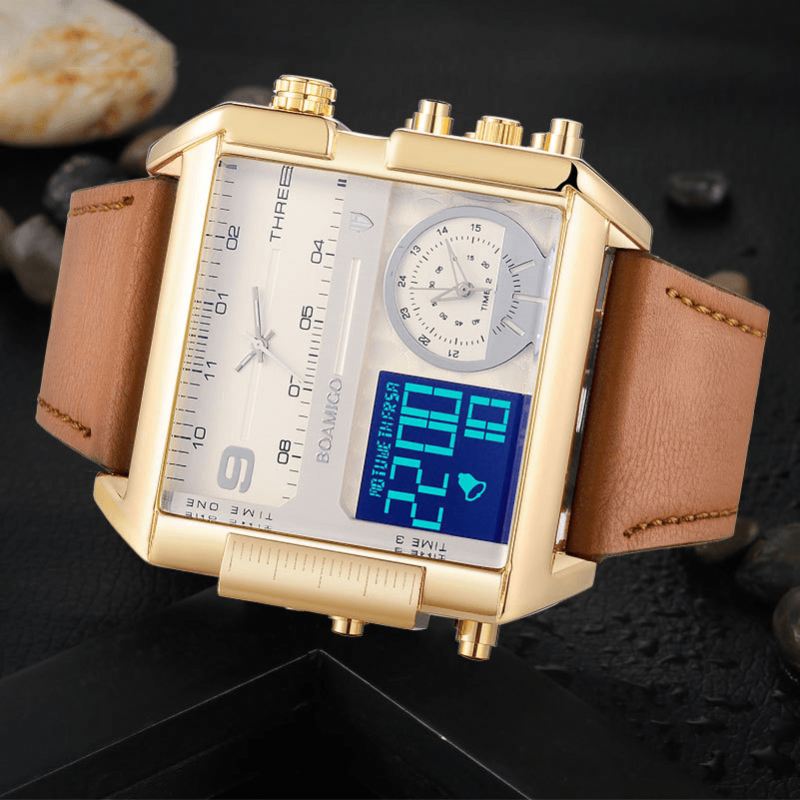 Mode Til Mænd Digital Watch Creative Dial Week Month Display Chronograph 3 Time Zone Læderrem Dual Display Ur