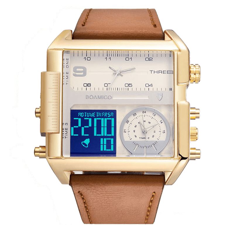 Mode Til Mænd Digital Watch Creative Dial Week Month Display Chronograph 3 Time Zone Læderrem Dual Display Ur