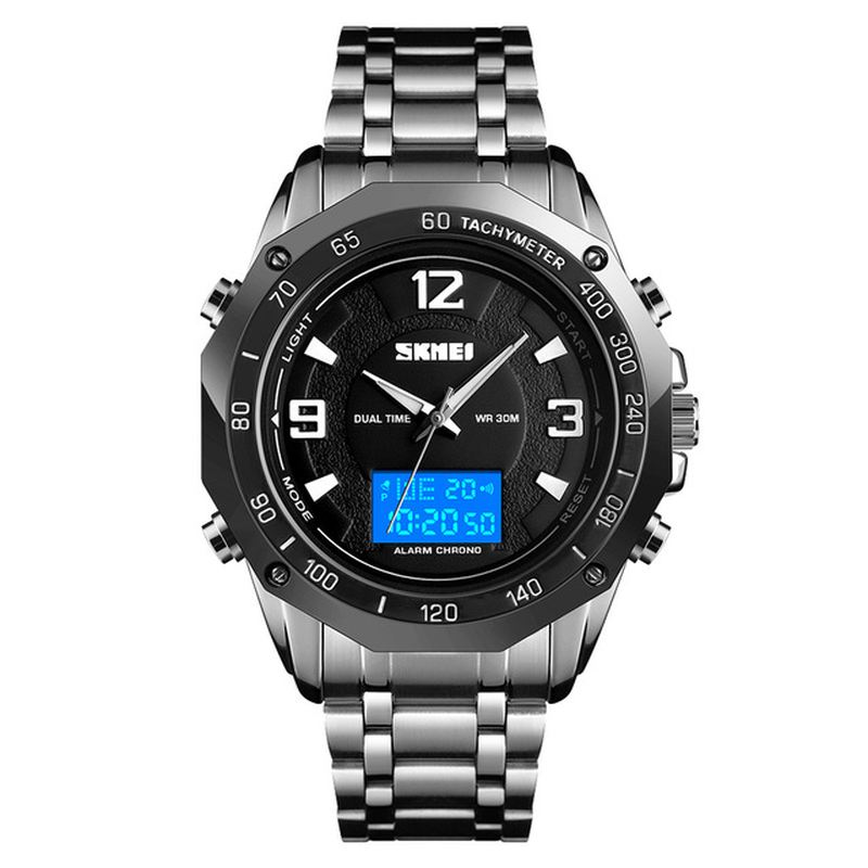 Multifunktionelt Lysende El Lyskalender 3atm Business Herreur Dual Display Digital Watch