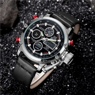 Vandtæt Led Dual Display Watch Casual Style Ægte Læderrem Quartz Watch
