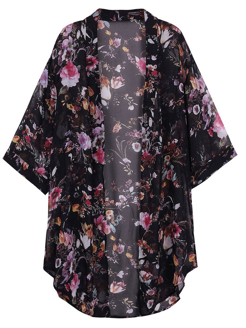 Bohemian Kvinder Floral Chiffon Bikini Smock Sheer Cardigan