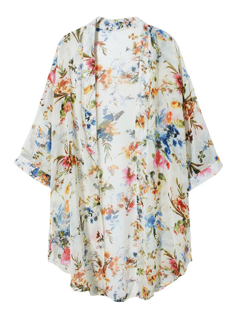 Bohemian Kvinder Floral Chiffon Bikini Smock Sheer Cardigan