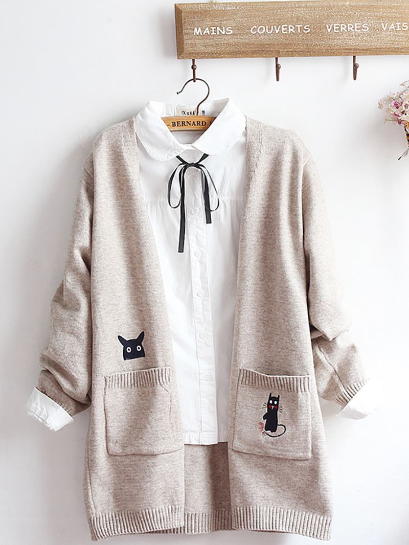 Broderi Kat Strik Long Sweater Cardigans