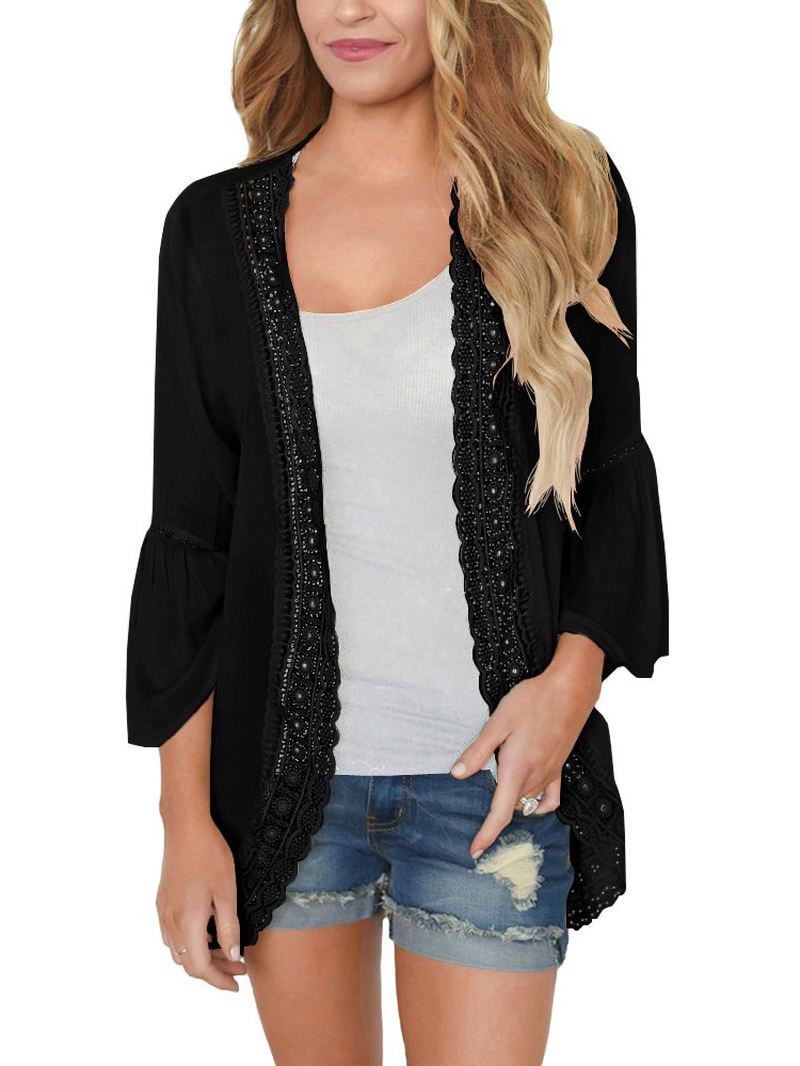 Kvinder Ensfarvet Blonde Trim Lette Cardigans