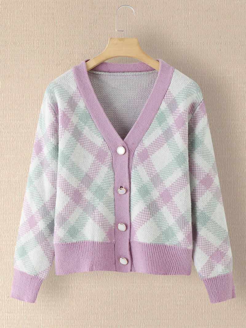 Kvinder Plaid V-hals Strikket Elastisk Manchet Color Block Cardigan