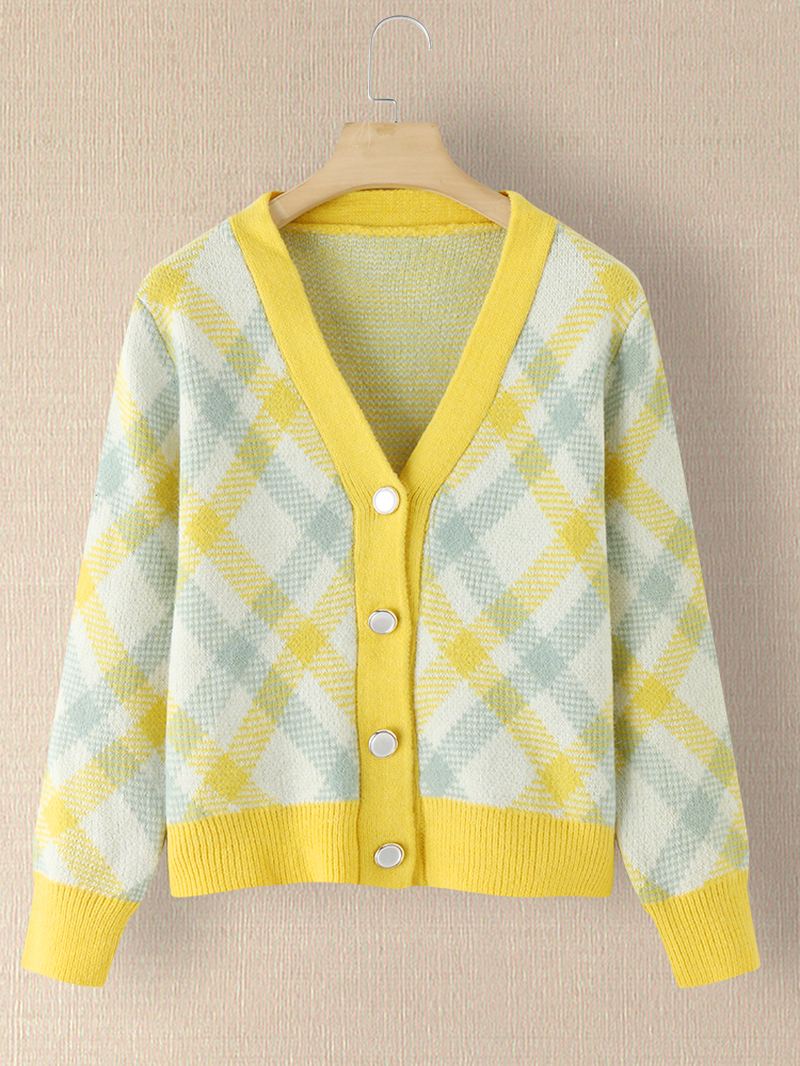 Kvinder Plaid V-hals Strikket Elastisk Manchet Color Block Cardigan