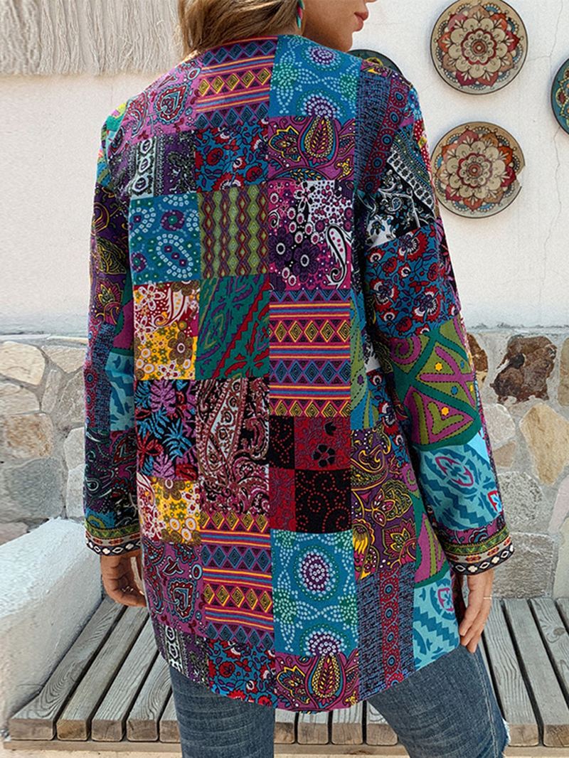 Kvinder Retro Blomsterprint Patchwork Langærmet Uregelmæssig Bomuld Etnisk Stil Vintage Cardigans