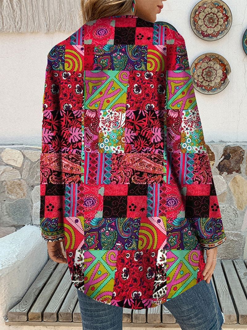 Kvinder Retro Blomsterprint Patchwork Langærmet Uregelmæssig Bomuld Etnisk Stil Vintage Cardigans