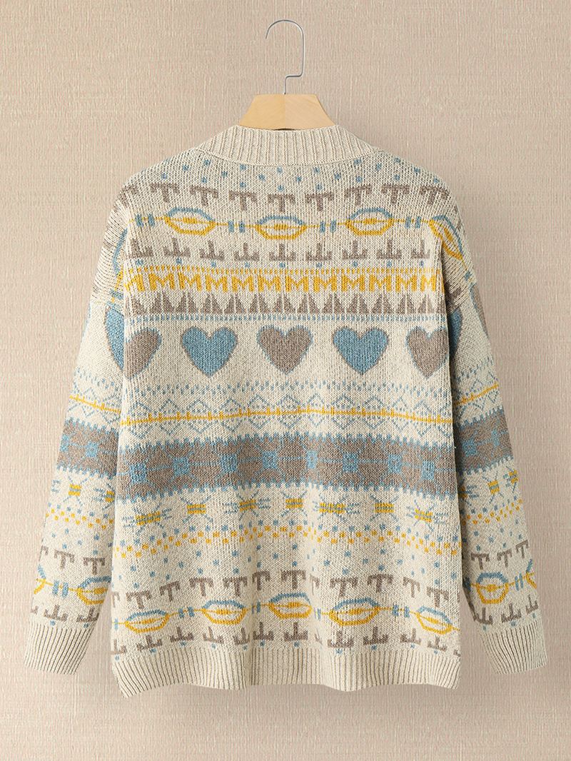 Kvinder Vintage Fuld Printmønster Langærmet Cardigan Med Lomme