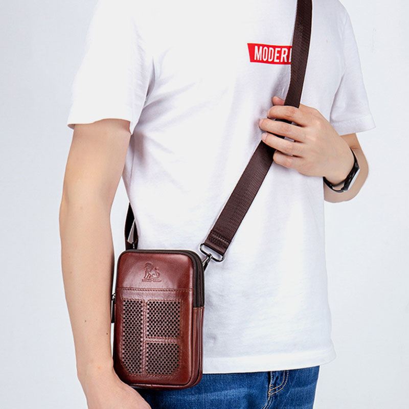 Ægte Læder Til Mænd Retro Business Casual Ensfarvet Læder Okselæder Multi-bære Taljetaske Crossbody Taske